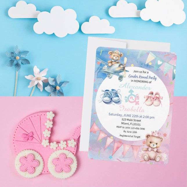 Adorable Teddy Bear Gender Reveal Party Invitation (Creator Uploaded)