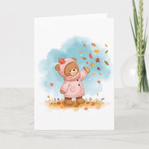 Adorable Teddy Bear Girl Catching Autumn Leaves Card