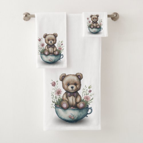 Adorable Teddy Bear in a Teacup with Flowers  Bath Towel Set