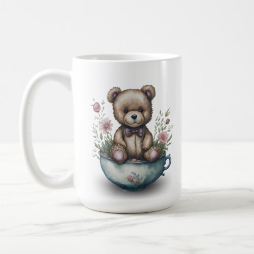 Adorable Teddy Bear in a Teacup with Flowers  Coffee Mug