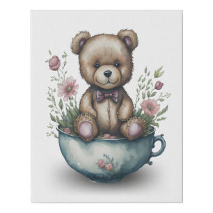 Adorable Teddy Bear in a Teacup with Flowers Faux Canvas Print