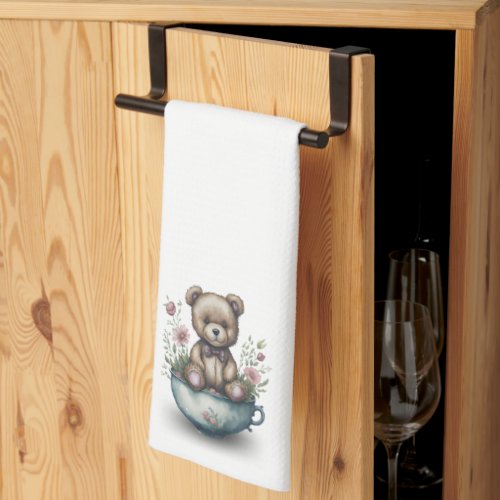 Adorable Teddy Bear in a Teacup with Flowers  Kitchen Towel