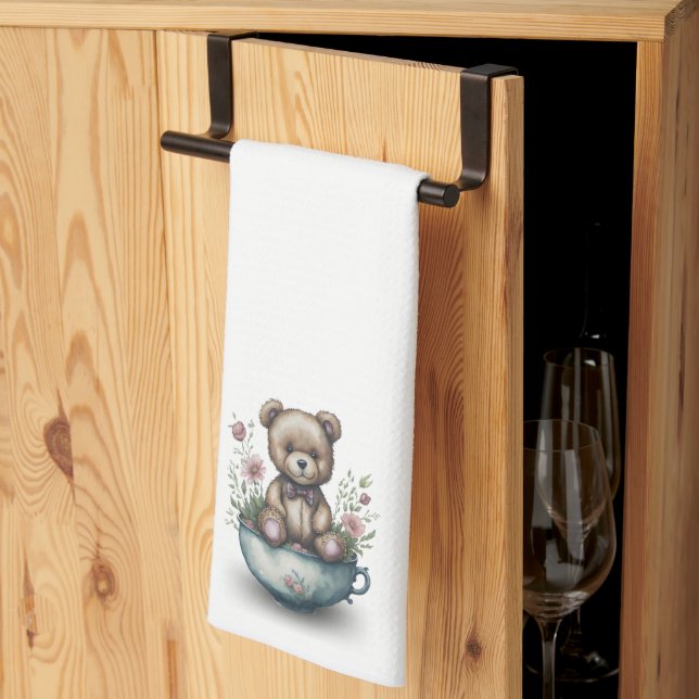 Adorable Teddy Bear in a Teacup with Flowers  Kitchen Towel (Thirds Fold)