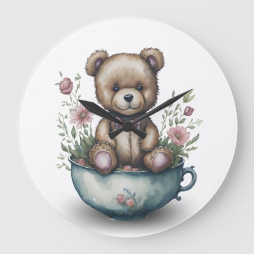 Adorable Teddy Bear in a Teacup with Flowers  Large Clock