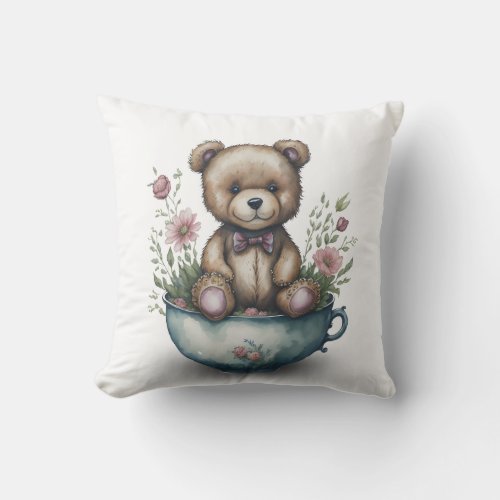 Adorable Teddy Bear in a Teacup with Flowers  Throw Pillow