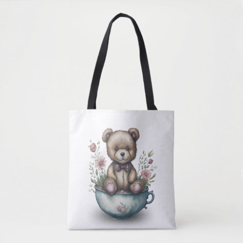 Adorable Teddy Bear in a Teacup with Flowers  Tote Bag