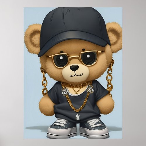 Adorable Teddy Bear in Hip Hop Style AI Art  Poster
