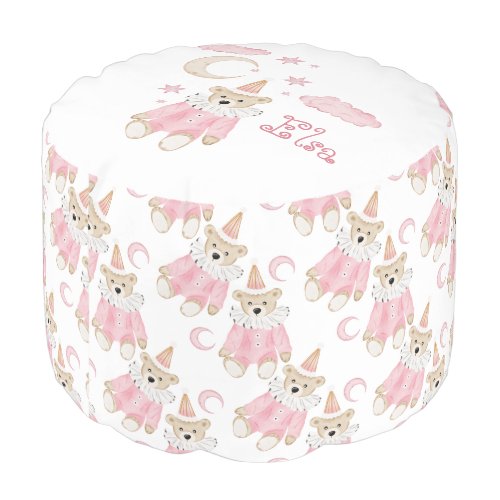 Adorable Teddy Bear In Pink Clown Costume Pouf