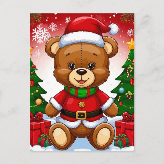 Adorable Teddy Bear in Santa Suit Holiday Postcard (Front)