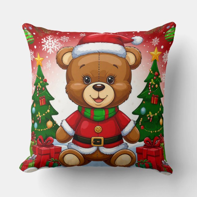 Adorable Teddy Bear in Santa Suit Throw Pillow (Front)