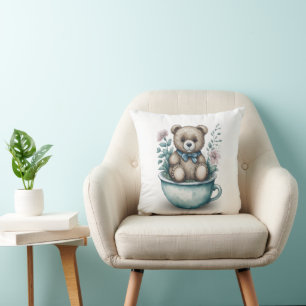 Adorable Teddy Bear in Teacup Cute Cozy Decor Throw Pillow
