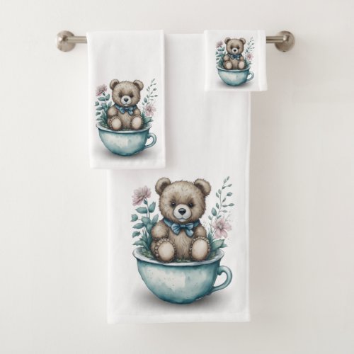 Adorable Teddy Bear in Teacup with Flowers Bath Towel Set
