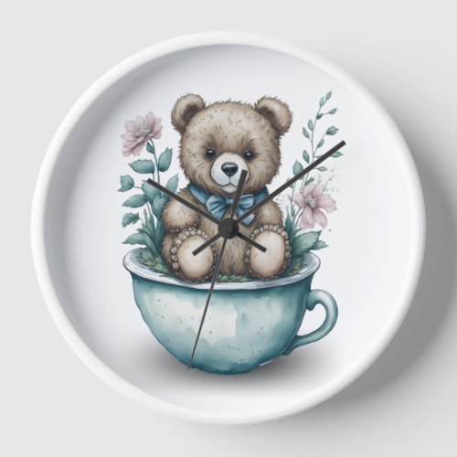 Adorable Teddy Bear in Teacup with Flowers Clock