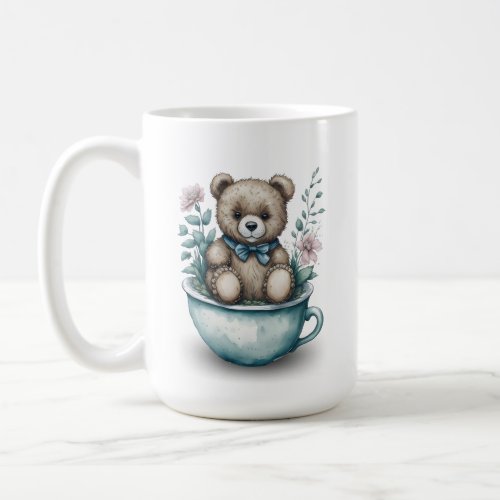 Adorable Teddy Bear in Teacup with Flowers Coffee Mug