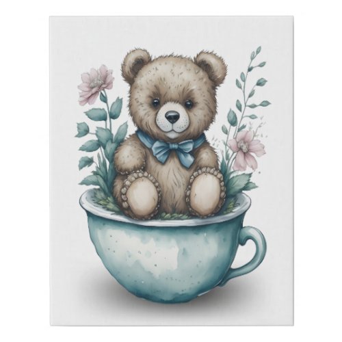 Adorable Teddy Bear in Teacup with Flowers Faux Canvas Print