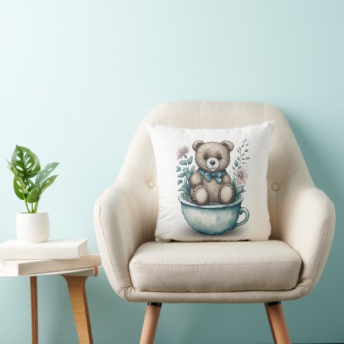 Adorable Teddy Bear in Teacup with Flowers Throw Pillow
