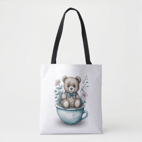 Adorable Teddy Bear in Teacup with Flowers Tote Bag