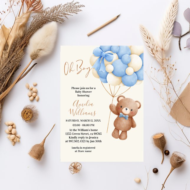 Adorable Teddy Bear Oh Boy Blue Balloon Baby Invitation (Creator Uploaded)