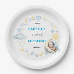 Adorable Teddy Bear on the Moon Baby Boy Shower Paper Plates