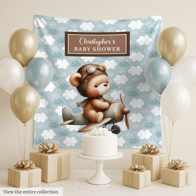 Adorable Teddy Bear Pilot Baby Shower Backdrop (Personalized Teddy Bear Pilot Baby Shower Gift Bag)