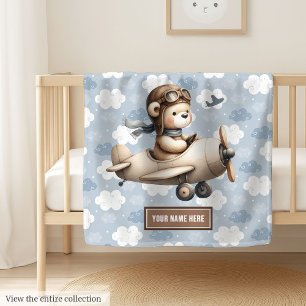Adorable Teddy Bear Pilot Personalized Baby Gift Blanket