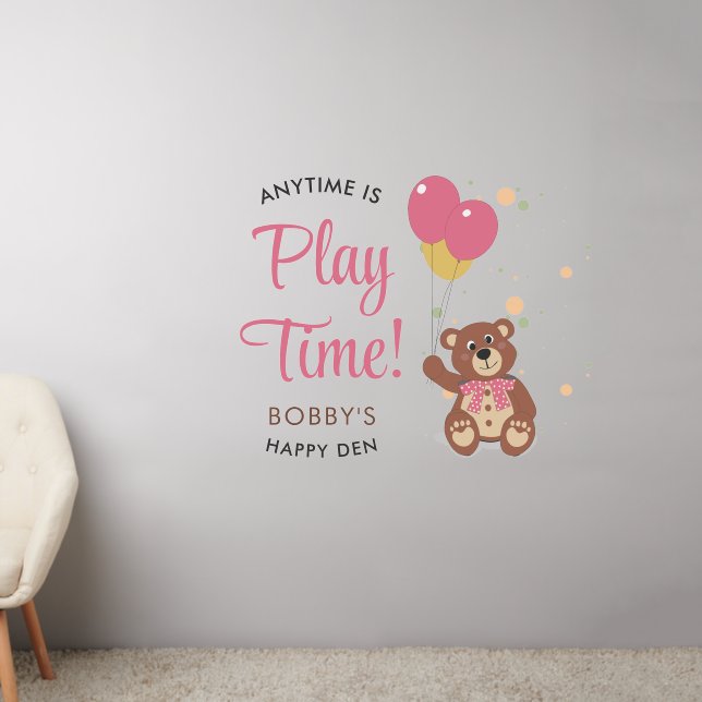 Adorable Teddy Bear Pink Balloon Baby Girl Nursery Wall Decal (Living Room 2)