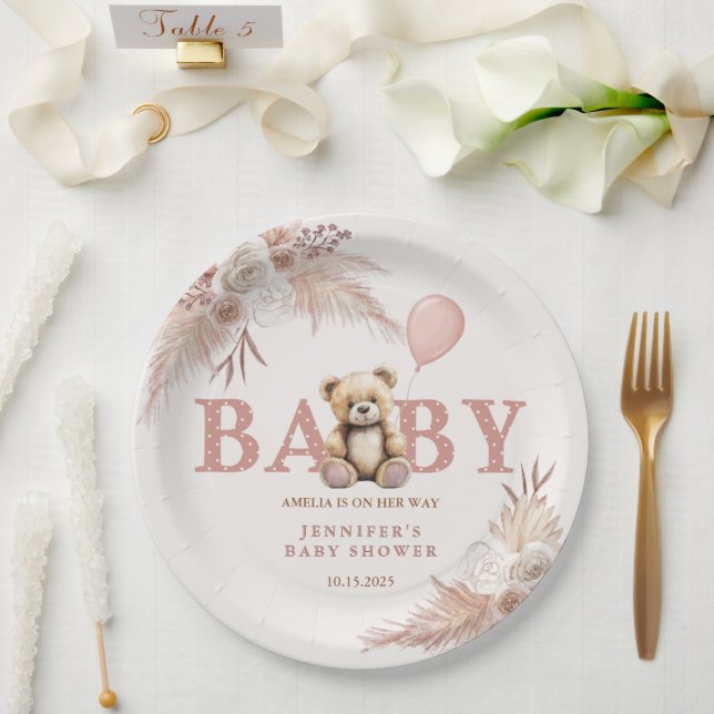 Adorable Teddy Bear Pink Boho Floral Girl Paper Plates (Wedding)