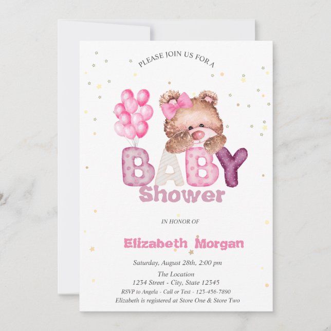 Adorable Teddy Bear Stars Balloons Baby Shower  Invitation (Front)