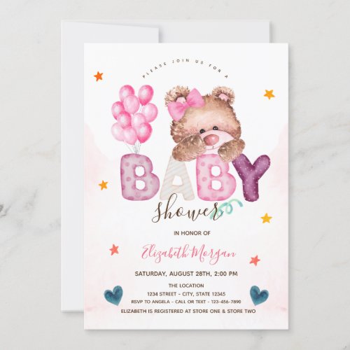 Adorable Teddy Bear Stars Hearts Baby Shower Invitation