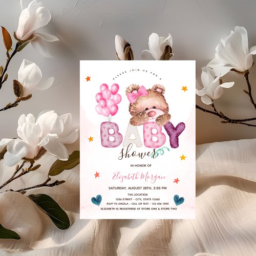 Adorable Teddy Bear Stars Hearts Baby Shower Invitation