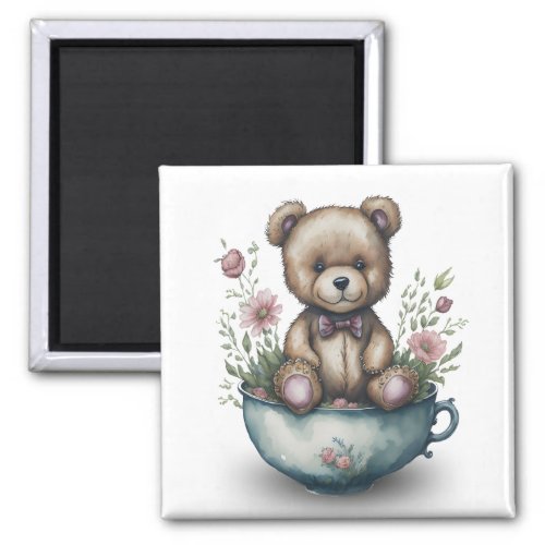 Adorable Teddy Bear Teacup Flowers Refrigerator  Magnet