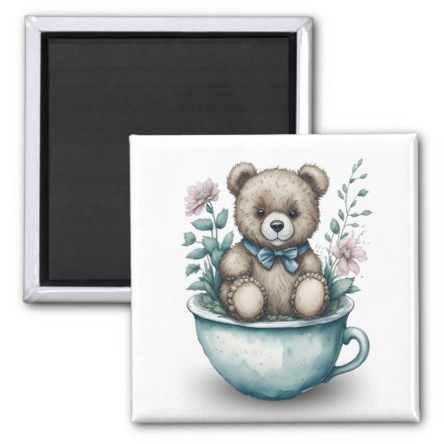 Adorable Teddy Bear Teacup Flowers Refrigerator  Magnet
