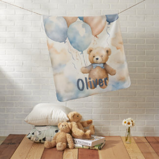 Adorable Teddy Bear with Balloons Watercolor  Baby Blanket