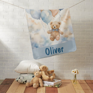 Adorable Teddy Bear with Balloons Watercolor Baby Blanket