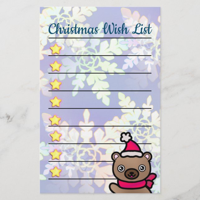 Adorable Teddy Bear with Golden Stars Christmas Stationery (Front)