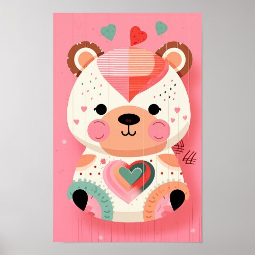 Adorable Teddy Bear with Hearts Nursery Poster