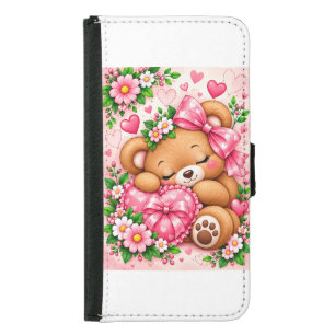 Adorable Teddy Bear with Pink Bow & Hearts Cute Samsung Galaxy S5 Wallet Case