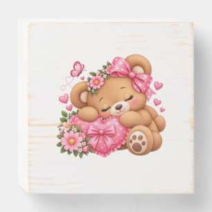Adorable Teddy Bear with Pink Bow & Hearts Cute Wooden Box Sign