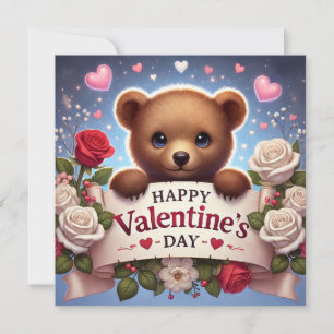 Adorable Teddy Bear with Roses Holiday Card
