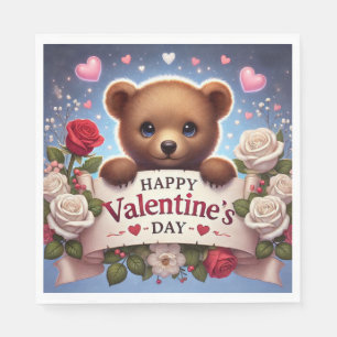 Adorable Teddy Bear with Roses Napkins