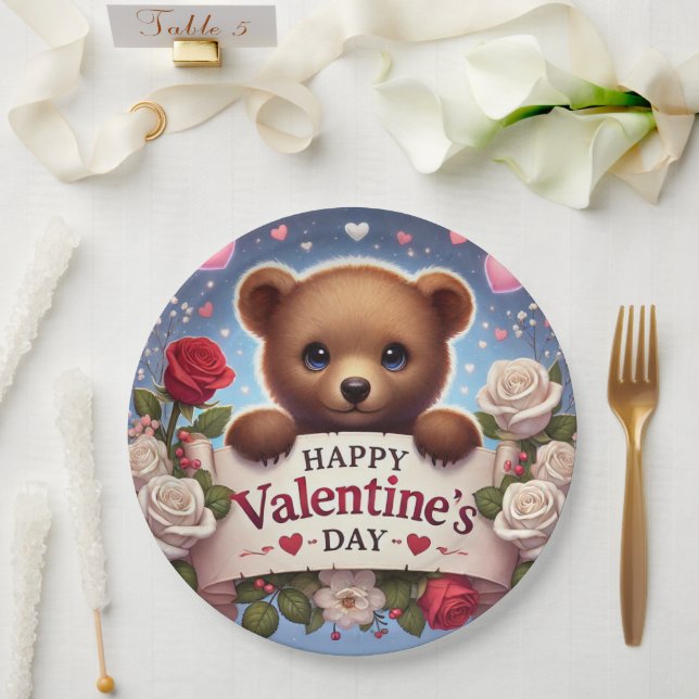 Adorable Teddy Bear with Roses Paper Plates (Wedding)