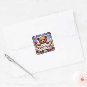 Adorable Teddy Bear with Roses Square Sticker