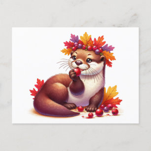 Adorable Thanksgiving Otter with Cranberries  Postcard