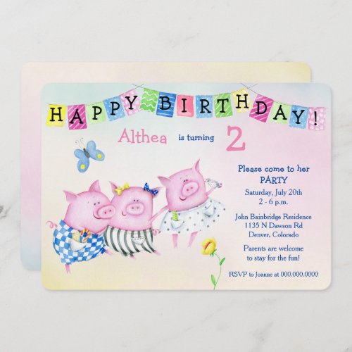 Adorable Three Pigs Kids Birthday Party Invitation