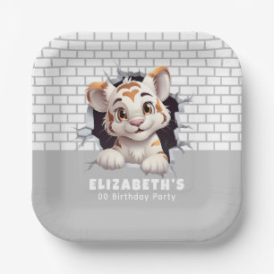 Adorable Tiger Cub Peeking Out Light Gray Party Paper Plates