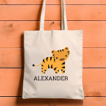 Adorable Tiger Kids' Personalized Tote Bag<br><div class="desc">This kids' tote bag for animal lovers features a cute illustration of a tiger. Personalize it with your child's name in black letters. Makes a great book bag for boys or girls!</div>