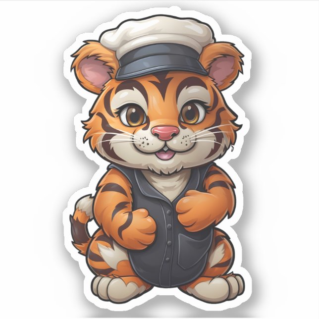 Adorable Tiger Wearing White Hat Wild Animal Tiger Sticker (Front)