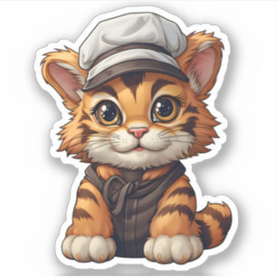 Adorable Tiger Wearing White Hat Wild Animal Tiger Sticker