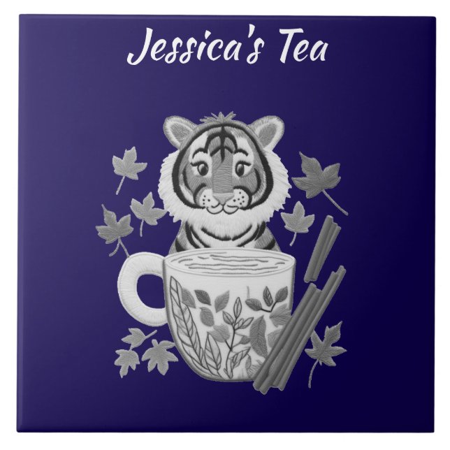 Adorable Tiger with Herbal Tea. Personalize Ceramic Tile (Front)