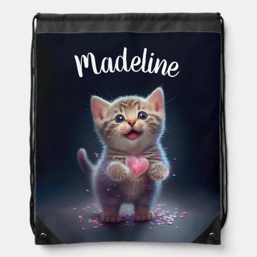 Adorable Tiny Kitten Love Heart _ Customizable Drawstring Bag